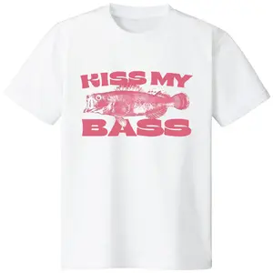 Men's Vintage Kiss My Bass Fishing T-Shirt - Soft Cotton Menswear, Ribbed Shortsleeve, Elastic Seamless Smooth Fabric, Classic Round Neck, Small Size, Casual Streetwear Style, Fishing Graphic, Pink Limited Edition, Ideal for Birthday Gifting