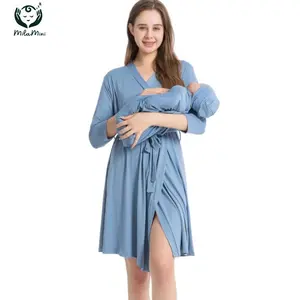 MilaMini Maternity Robe and Baby Receiving Blanket, Matching Mommy Labor Delivery Robe and Swaddle Set Denim blue