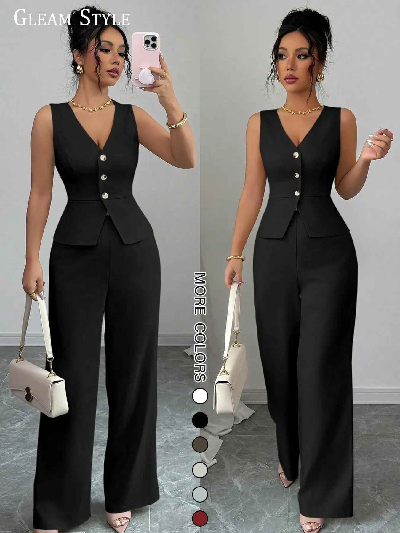 2026 New European and American Women's 2-Piece Set Suits, Waist-Cropped Slim Fit Sleeveless V-Neck Vest Top + Wide Leg Pants, Fashion Professional Chic