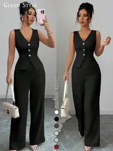 2026 New European and American Women's 2-Piece Set Suits, Waist-Cropped Slim Sleeveless V-Neck Top + Wide Leg Pants, Fashion Professional