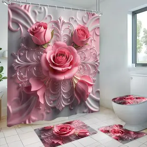 Rose Floral Pattern Bathroom Decor Set, 4 Counts/set Including Shower Curtain Sets & Toilet Lid Cover & Floor Mat & U-shaped Mat, Bathroom Accessories, Home Goods