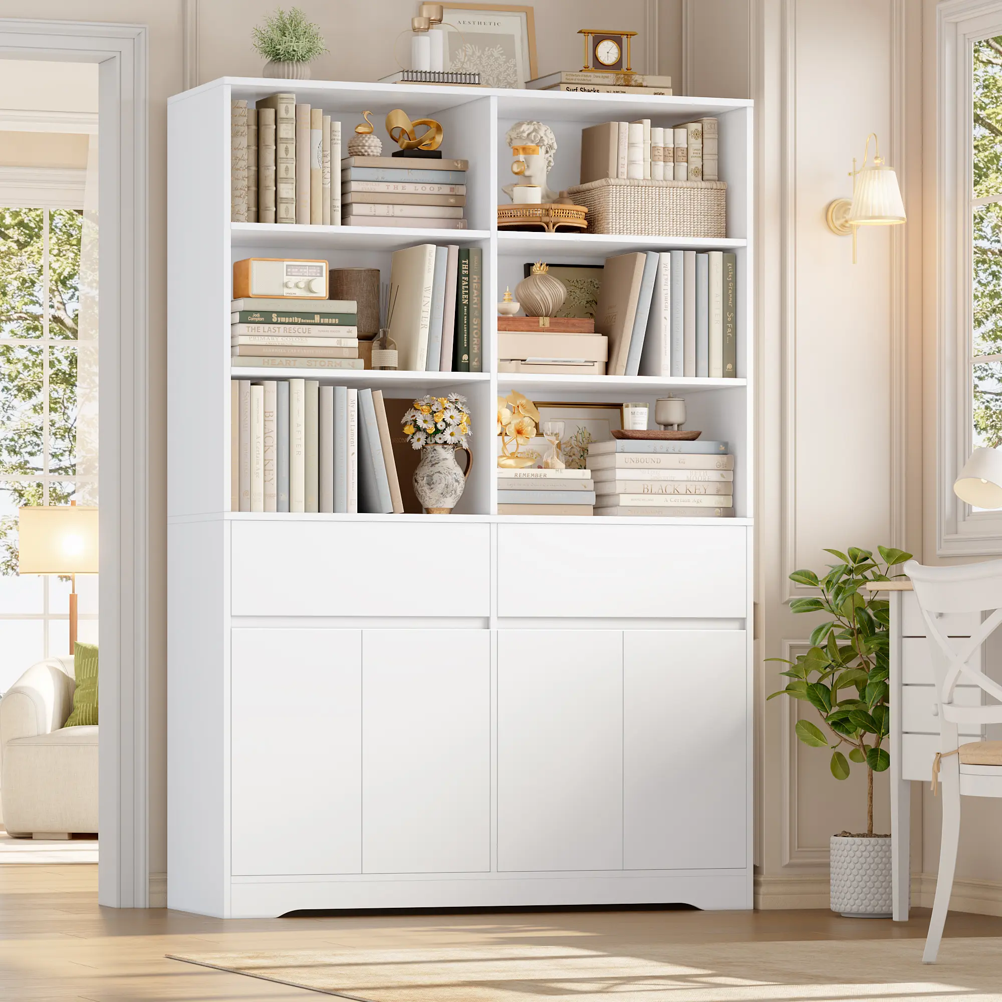 [Mother's Day Gift] FOTOSOK 69" Storage Cabinet with Doors, Bookshelf with Drawers, Tall Bookcase Wooden Shelf Storage Cabinet for Home Office