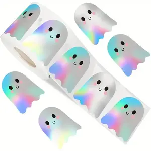 500 Halloween Boo Ghost Stickers Roll, Laser Cute Holographic Waterproof Self-Adhesive, Easily Apply, Envelopes Journals Party Supplies Decorations