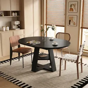43.3"-59" Extendable Round Dining Table for 4-8 People, Modern Kitchen Oval Dining Table with Removable Leaves Space Saving, Wood Base with Storage Shelf for Kitchen Living Room, Black