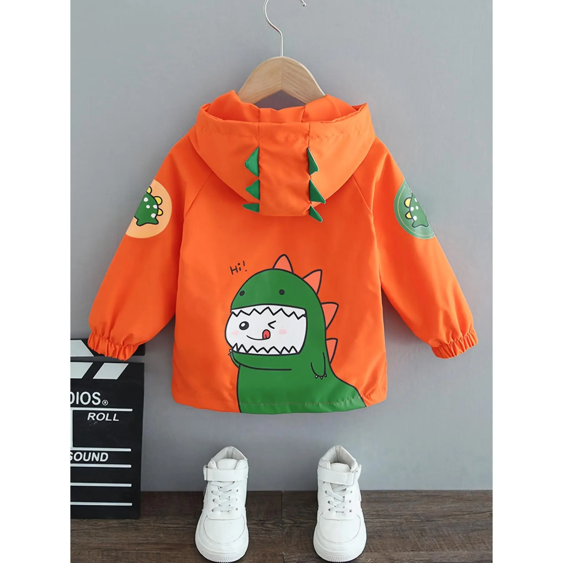 Toddler Boys' Cartoon Animal Jacket, Casual Loose Fit Hooded Polyester Windbreaker with Zipper for Spring & Fall, Toddler-Safe Boys' Jackets, Animal-Themed Boys' Jackets
