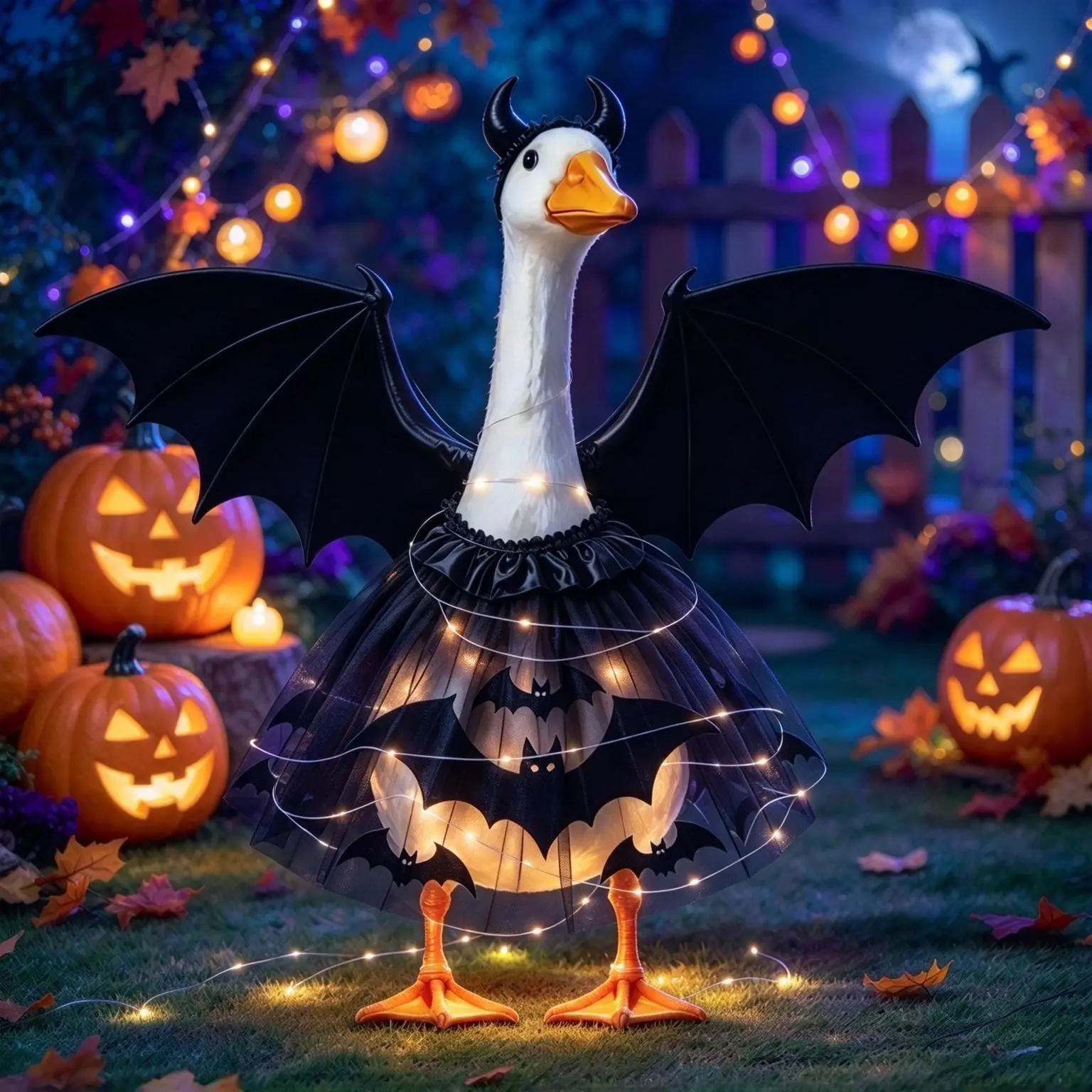 Halloween Bat Goose Outfit for Porch Goose 23 Inch Lawn Goose Costume with Wings Headband Mesh Skirt Bonus 6.6ft LED Light Strip Outdoor Garden Decoration
