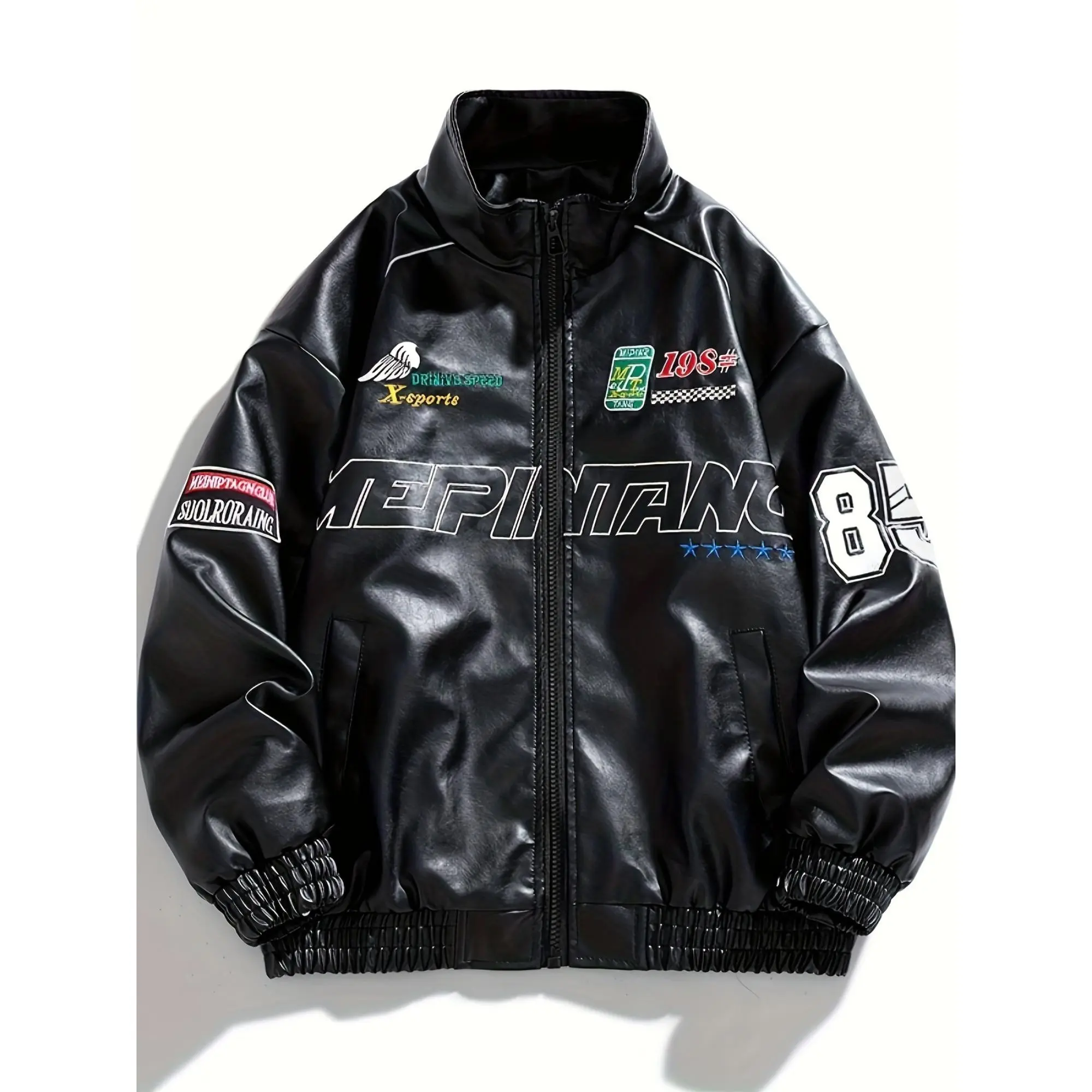 Men's Retro Punk Bomber Jacket in Faux Leather, Loose-Fit Biker Outerwear with a Stand Collar and Zip Front, M