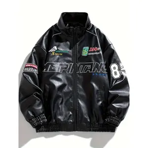 Men's Retro PU Leather Long-Sleeve Zipper Bomber Jacket - Punk Look, Stand Collar, Loose Chic Menswear Outerwear for Fall Winter Bikers