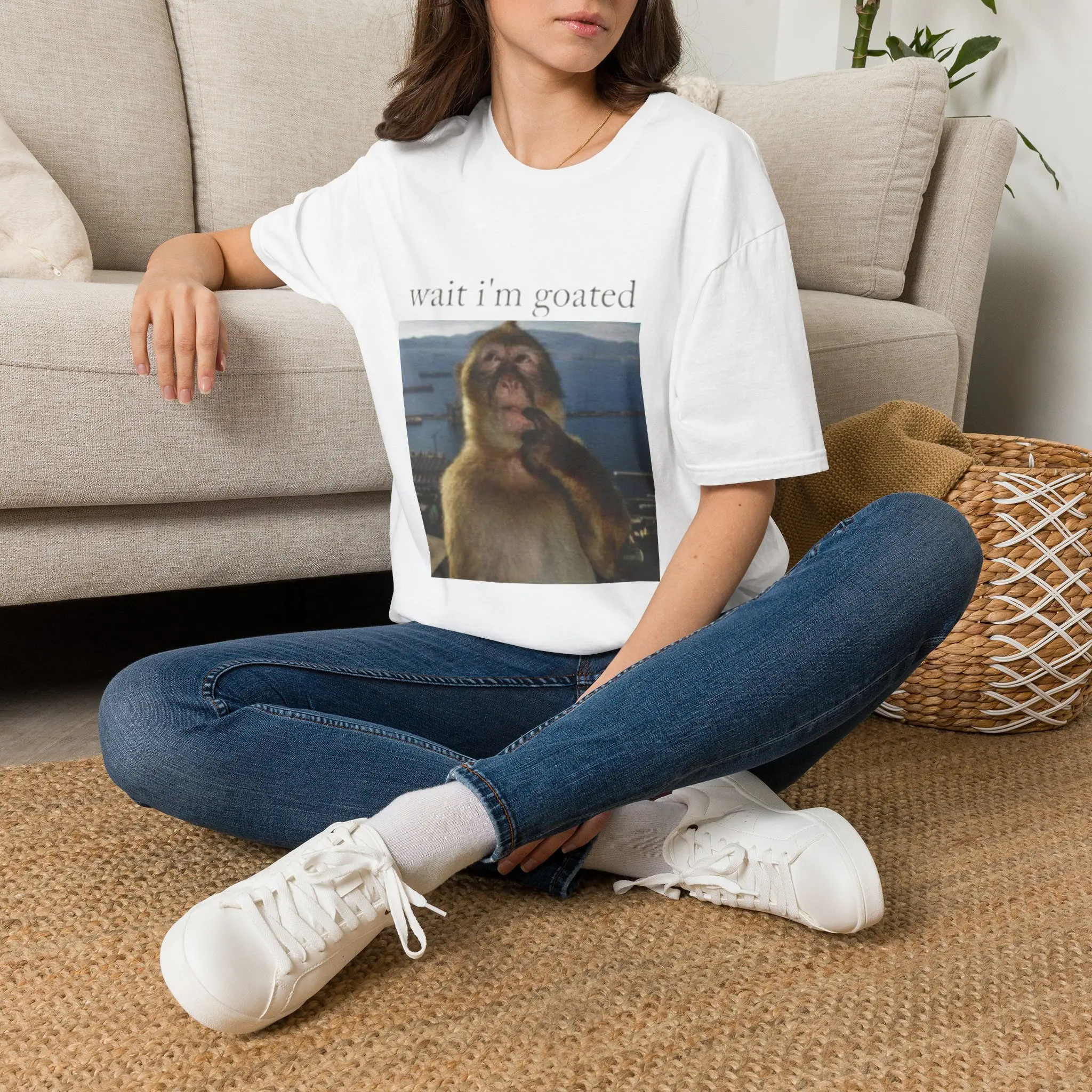 Wait I'm Goated Monkey Meme T-Shirt, Thinking Monkey Funny Ironic Gifts, Unisex Gildan 64000 Softstyle Shirt, Premium Lightweight Cotton Crewneck Streetwear Graphic Tee