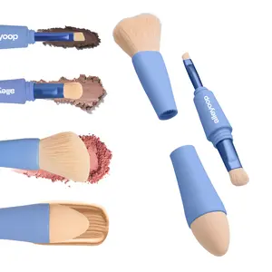 Multi-Tasker 4-in-1 Makeup Brush - Powder/Blush/Bronzer Brush, Eyeshadow Brush, Slanted Eyeliner/Brow/Eyebrow Brush, & Makeup Sponge, Portable Travel-Friendly Compact with Mirror, Easy to Use Cute Beauty Tool Gift, Vegan Synthetic Fibers