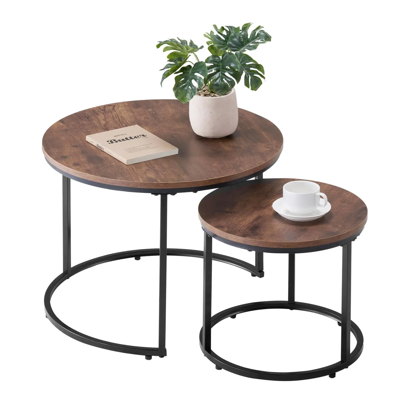 【SummerFinds】VEVOR Nesting Coffee Table Set of 2, 23.6 in Round Coffee Table, Nesting Tables for Small Place, End Side Tables Night Stand with Metal Frame, for Living Room, Bedroom, Office (Vintage Brown & Black)