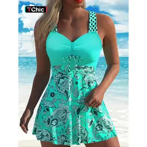 Women's Plant Print V-Neck Swimdress & Bottom Set, Casual Sleeveless Tankini Top & Shorts Two-piece Swimsuit for Beach Holiday Vacation, Ladies Swimwear for All Seasons, Floral Swimsuits