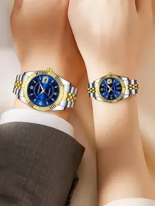 A couple's business diamond room gold blue steel strip waterproof night light strip calendar temperament quartz watch High End Watch business fashion watches Watch Set