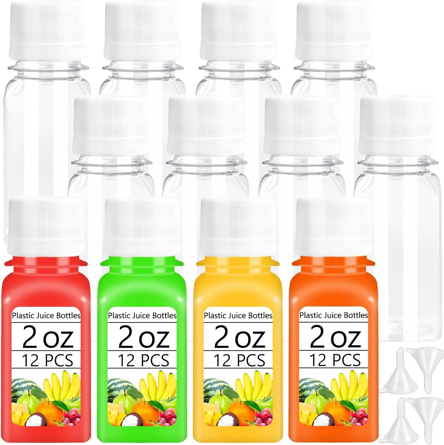 12 count 2oz Mini Plastic Juice Bottles with White Caps, Ginger Shots Bottle with 4 Funnels,Clear Empty Beverage Containers for Juice,Smoothie,Milk