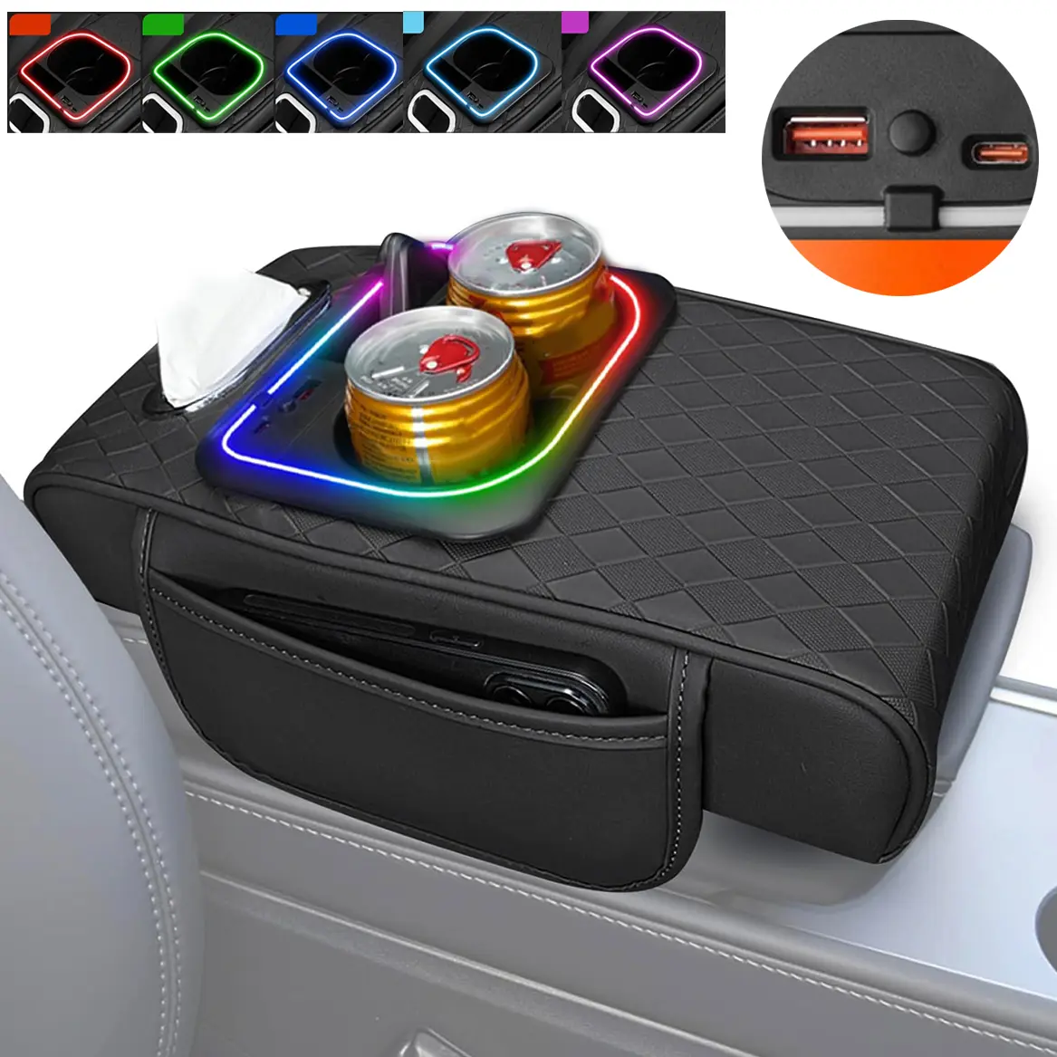 6 in 1 Thickned Car Armrest Box Height Increasing Pad, Multifunctional Storage Box with Tissue Holder, Cup Holder, RGB Ambient Light, Type-C Connector,USB Charging Port (Black)