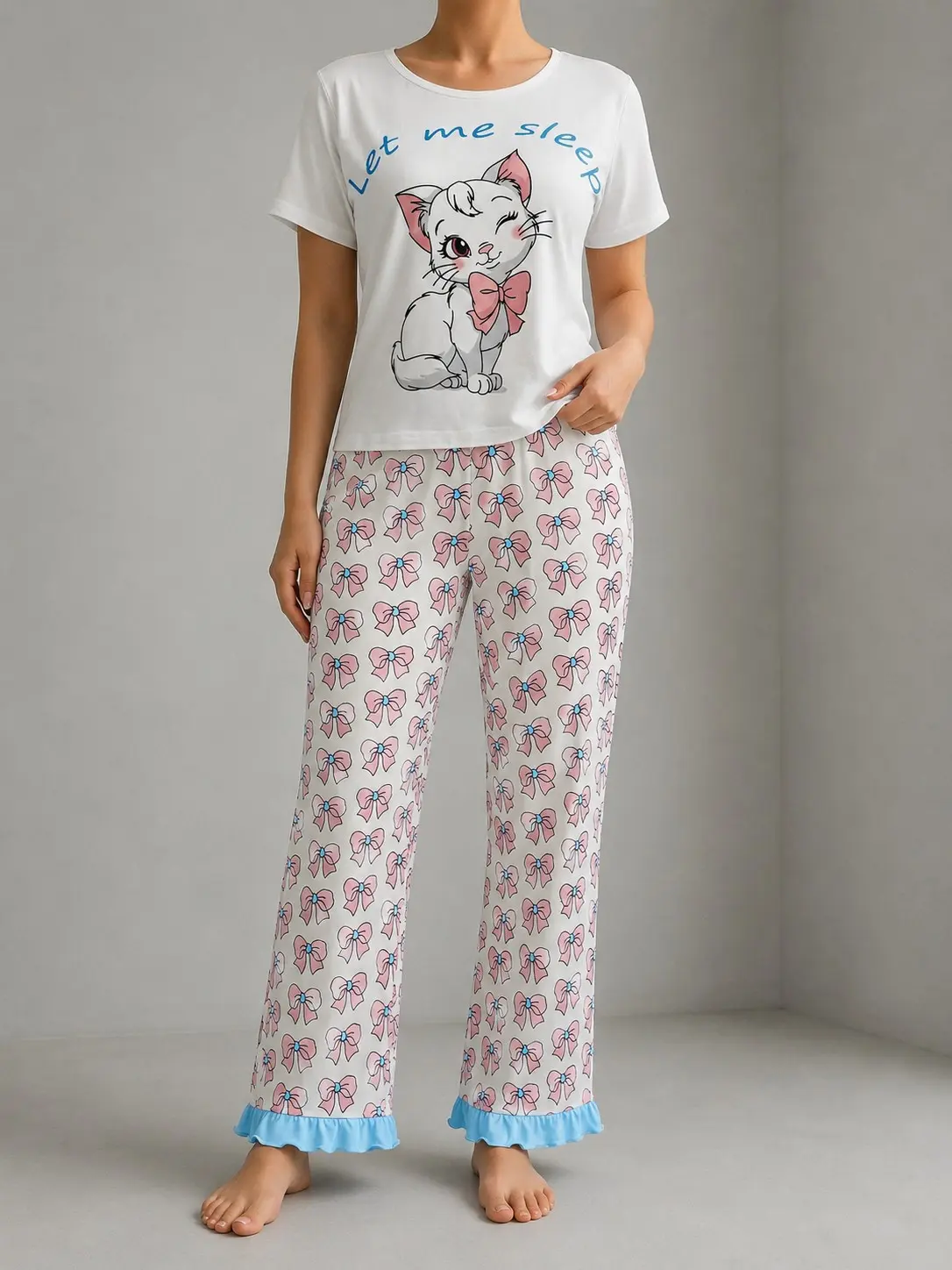 Women's 2-Piece Cat Graphic Pajama Set, Short Sleeve White Tee & Pink Bow Print Ruffle Hem Pants, Cute Lounge Sleepwear Set