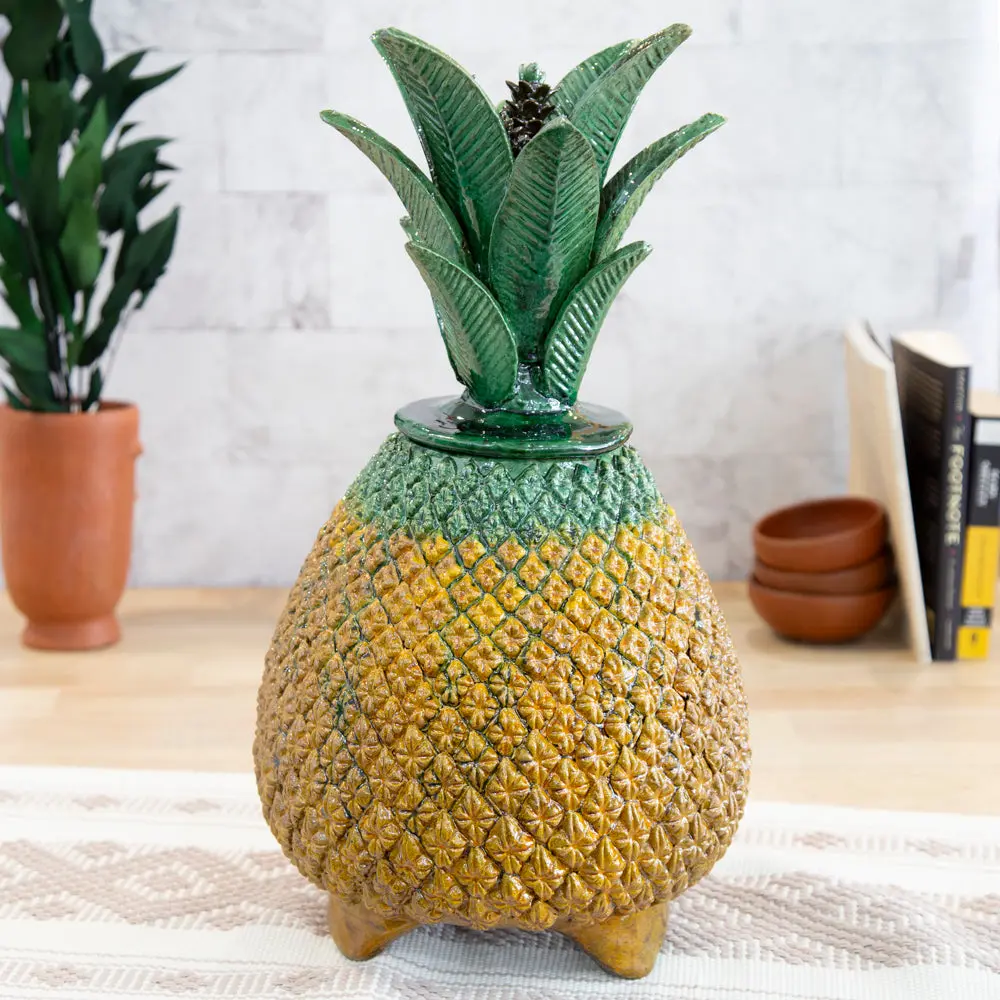 Piña Real 19" Traditional Glossy Ceramic Pineapple Sculpture, Home Decor Artwork, Collectible Figurine