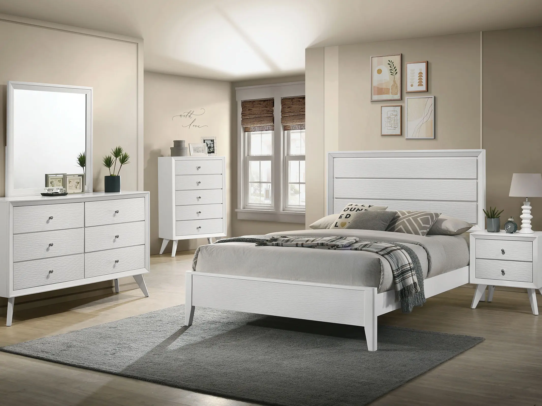 Dortmund Modern 4-Piece Bedroom Set, White Finish, Mid-Century Design - Sleek Minimalist Indoor Furniture Set