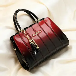 Women's Light Luxury Red and Black Gradient PU Leather Handbag - Colorblock, 2-Tone, Contemporary Evening Satchel, Sparkling Tassel Gold Embellishment, Zip Closure, Multi-Compartment Double-Sided Kelly Designer Curve, Workplace Use, Mother's Day Gift, Col