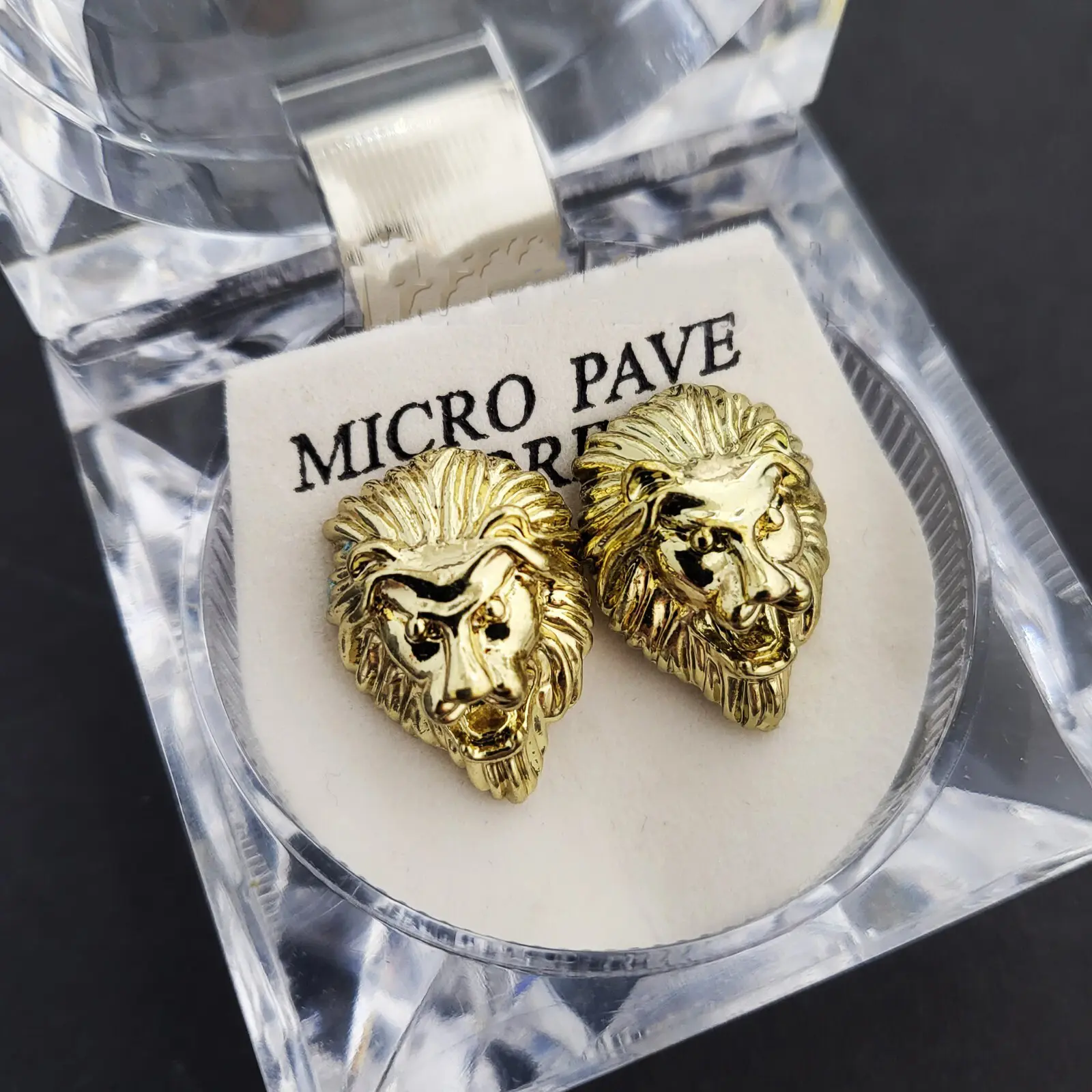 MaxBling81 Unisex Hip Hop Gold Plated Lion Head Bling Stud Earrings Set, Surgical Steel Post, High Polished Alloy Pierced Earrings, Gold Earrings Set