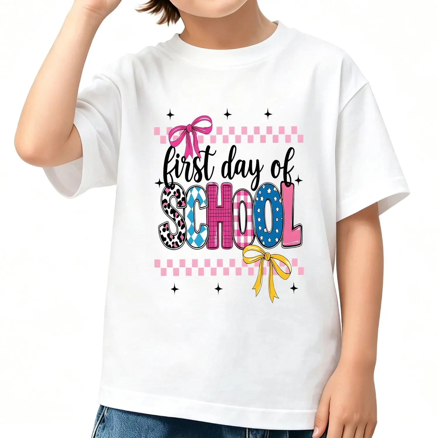 First Day of School Essential Loose Preppy Style Tee Classic Round Neck Comfortable Casual Short Sleeve Cool Graphic Tshirt for Kids Children