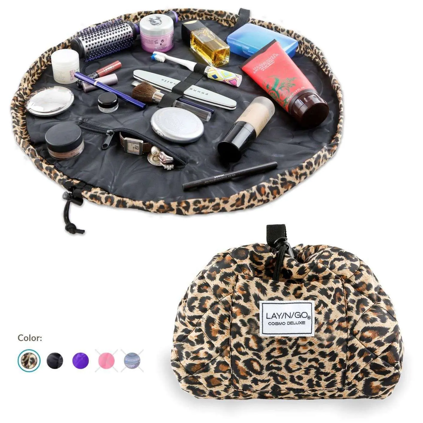 Lay-n-Go COSMO Deluxe 22" Makeup Bag - Large Drawstring Cosmetic Organizer, Vanity Mat, Travel Accessory for Beauty Collections & Luxury Travel Storage, Makeup Pouch For Purse, Travel Makeup Organizer