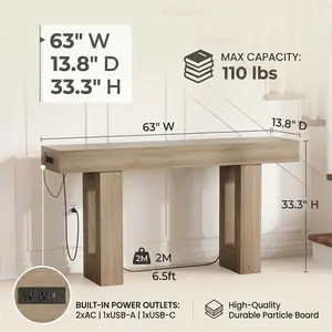 ZR-GARVEE 63 Inch Extra Long Console Table with Power Outlet and USB Type C Ports Narrow Sofa Table for Entryway and Hallway Modern Foyer Table for Living Room