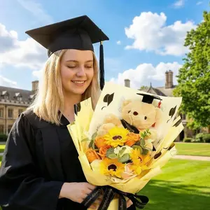 Graduation Teddy Bear Bouquet with Sunflower Soap Flowers, PhD Bear Plush Stuffed Animal in Window Gift Box, Artificial Floral Arrangement, Class of 2026 Gift for Friend
