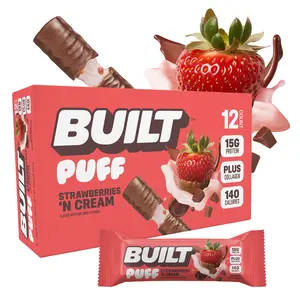 Official BUILT Bar, Puff Protein Bar Snack, Strawberries 'N Cream Puff, 15g Protein, 140 Calories, Collagen, Gluten Free, 12 Count Box