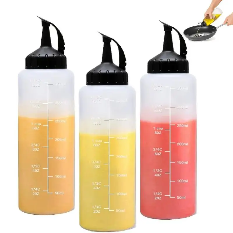 BPA Free Plastic Squeeze Condiment Bottles 3 Pack – 12 Ounce, Kitchen Gadgets, Kitchenware, Seasoning, Refillable, Dishwasher Safe, Easy Open/Close with Measurement Marks