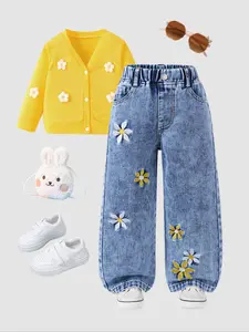 Vintage Light Blue Washed 3D Snowflake Jeans, Elegant Floral Embroidery Design, Perfect for Daily & Casual Wear, Fashionable Girls' Denim