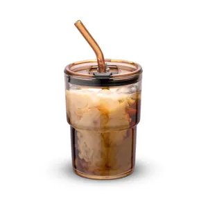 13oz/400ml Tumbler Water Glass, Cups with Straw and Lid Sealed Carry on for Coffee, Iced Tea, Thick Wall Insulated Glass Cup (Amber)