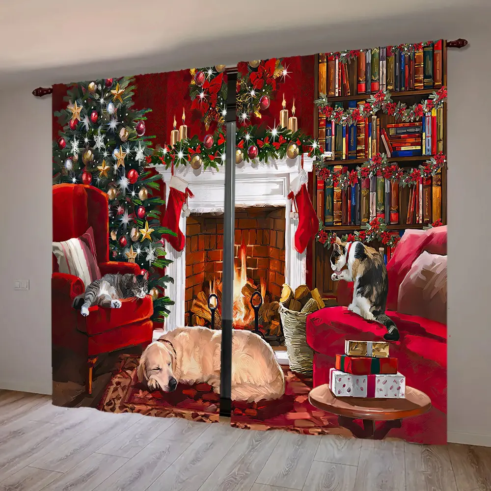 2 pieces, Christmas fireplace curtains, winter snowflakes and Santa Claus prints, pole pocket style, semi sunshade polyester fiber, suitable for home living room, bedroom, balcony, study and café window decoration, Interior decoration accessories