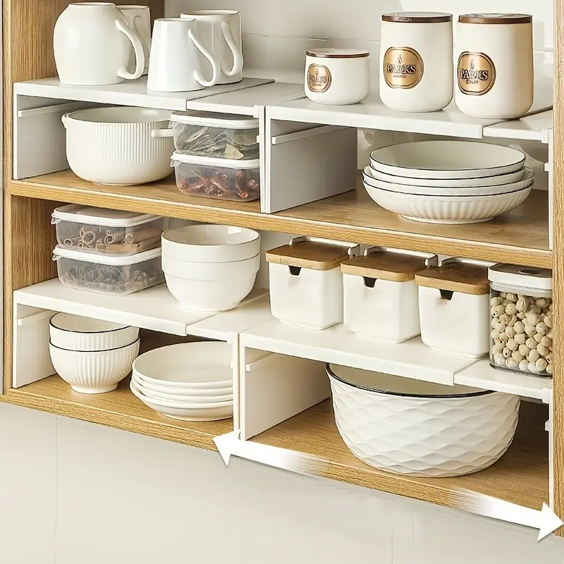 [Expandable Kitchen Organizer] Adjustable Multi-Tier Expandable White Kitchen Organizer - Durable Plastic Kitchenware Storage Rack, Adjustable Shelf Rack for Cabinets & Countertops, Organization, Adjustable Organiser, No Tools Required