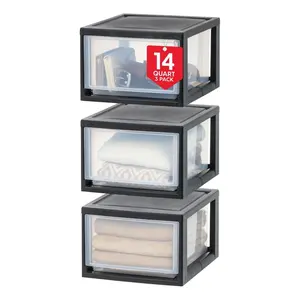 IRIS USA 3 Pack 14.5 Qt Plastic Drawer Storage Organizer, Stackable Unit, Black