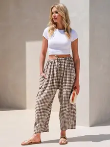 IDEALSANXUN Women's Plaid Baggy Wide-Leg Pants, Breathable Drawstring Bottoms for Spring Summer Casual Beach Boho Wear