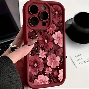 Full-Screen Stylish Red And Pink Petal Floral Burgundy TPU Case for iPhone 17 Pro Max 16 16e 15 14 Plus 13 12 Mini 11 Air X XS Straight Edge Drop-Resistant Rugged Durable Cover Shell Gift 2D printing