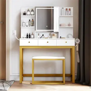 YITAHOME Makeup Vanity Desk Set with Mirror and Lights & Charging Station & Makeup Stool, 3 Drawers Vanity Table with 3 Hidden Storage Shelves for Bedroom 39.5" W