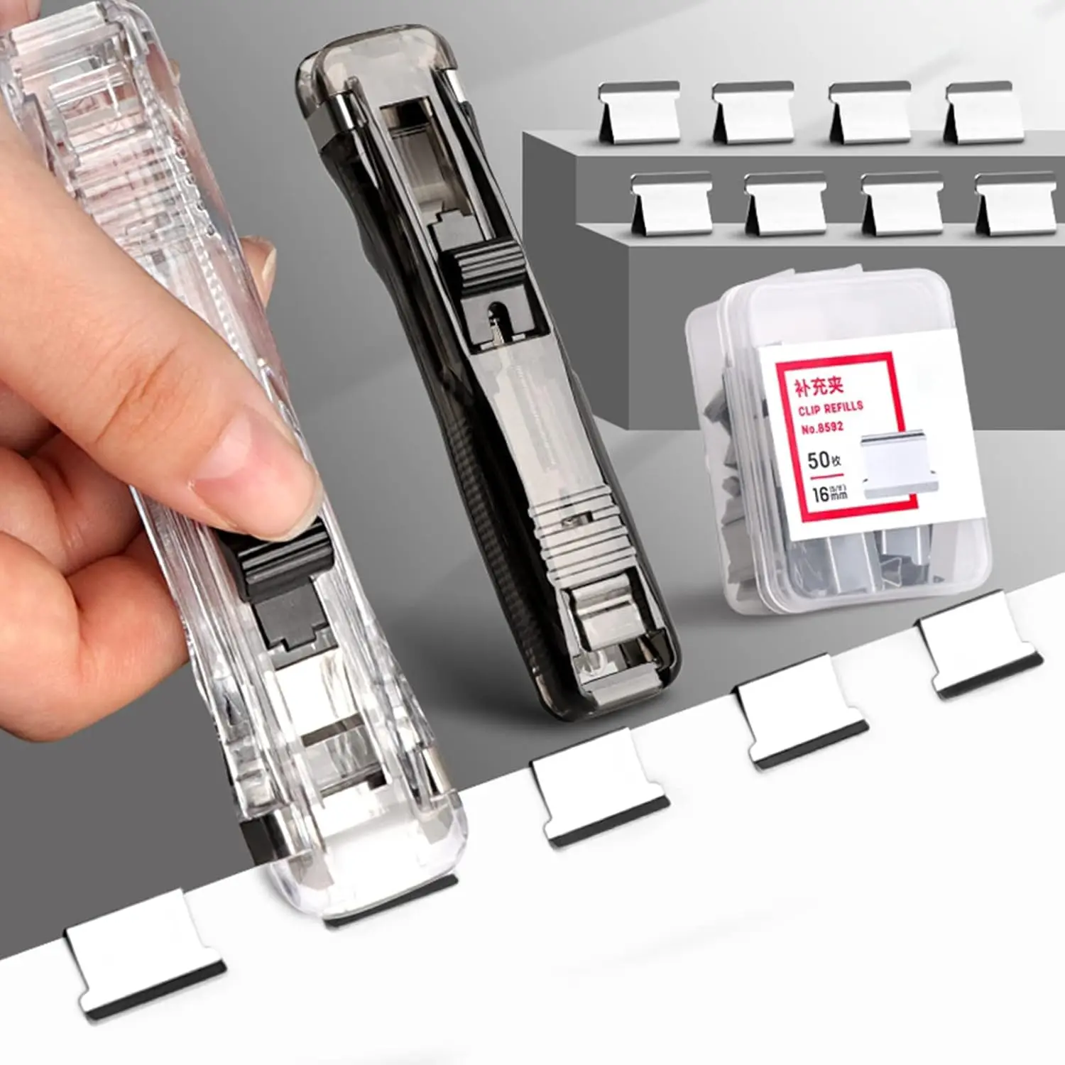 2PCS Mini Push Staplers with 4 Boxes of Reusable Mini Clip Staples - Portable Rounded-Corner Office Stationery, 40-Sheet Max Capacity, Scratch-Resistant Base, Smooth Stapling, Desktop Accessories for Office Use