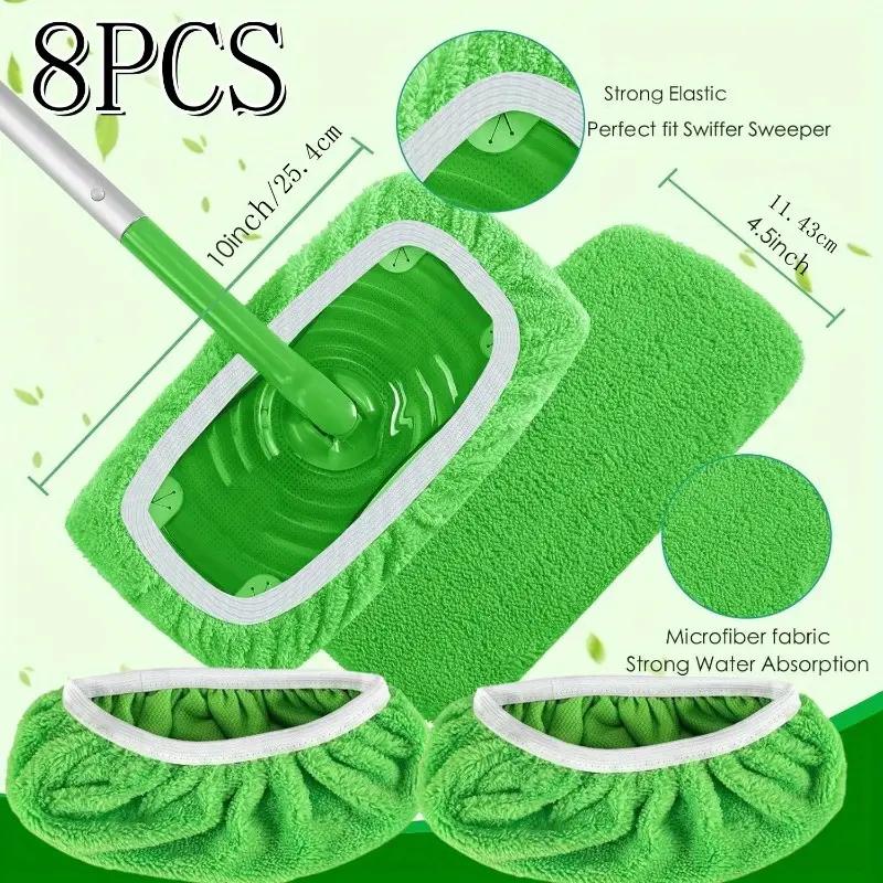8PCS Reusable Sturdy Microfiber Mop Pads - 10-12in (10in/25.4cm), Compatible with Swiffer Sweeper, Secure Pad Attach, Foldable, Washable for Repeat Use, Machine Washable, Easy Care, Absorbent for Hardwood, Vinyl Floor Cleaning, Ceramic Floors