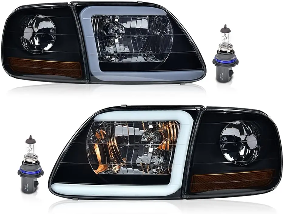 CROSSDESIGN LED DRL Headlight Assemblies Compatible with 1997-2002 Ford Expedition/Fit 1998-2003 Ford F150 /2004 F150 Heritage/Fit 1998-1999 F250 Smoky Lens Black Housing Amber Reflctor Headlamp Assemblies