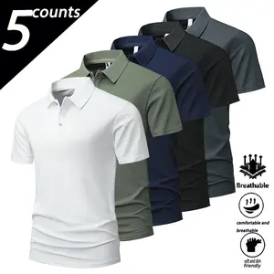 Men’s Summer Solid Polo Shirt Set, 5 Pieces – Turn-down Collar, Short Sleeve, Light‑Reflective Finish, Available in Multiple Colors; Suitable for Work, Casual Wear, and Sports graphic Classic Menswear Plain Top Shortsleeve, 8868 Dark Gray + Black + Navy B