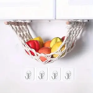 Hanging Fruit Basket, Wooden Hanging Fruit Storage Basket with 4 Hooks, Creative Fruit & Vegetable Hammock for Home Kitchen, Cascading Fruit Baskets