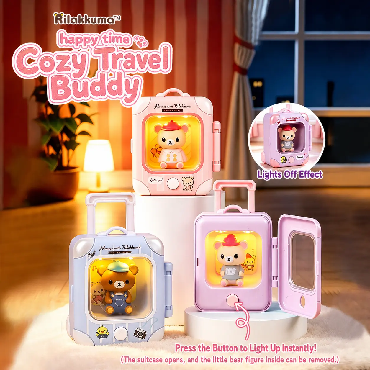 Rilakkuma Happy Time Travel Suitcase Blind Box Pendant, Press-To-Light Design, Portable Cute Bear Doll Display Case, Lovely Backpack Accessory And Night Light Decor For Bedroom