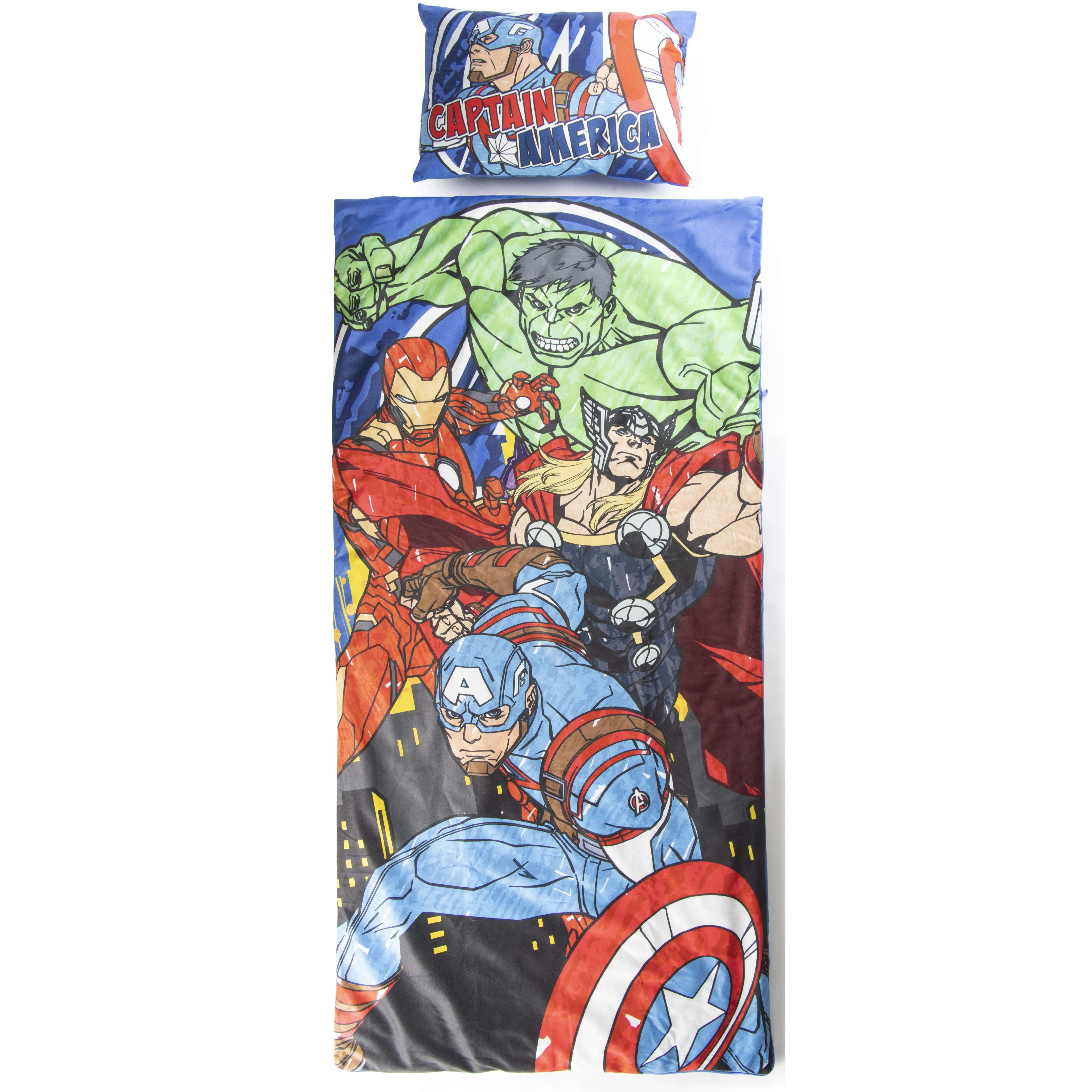 Jay Franco Superhero 2-Piece Avengers Character Print Children's Sleeping Bag Set - 11"x17", 27"x54" - Zipper Closure, Vibrant Avengers Design, Superhero Touch - for School Sleepovers, Restful Naps