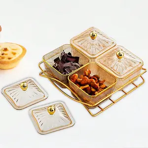 1set Amber-Colored Snack Plate + Tray Set For Candy, Divided Snack Serving Bowls With Lids, Presentation Plate For Appetizers With Compartment And Handle, Nuts, Cookies Storage,Kitchen