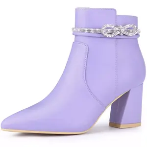 BLISSFUL STEP Rhinestone Bow Pointed Toe Chunky Heel Ankle Booties for Women 7 Purple