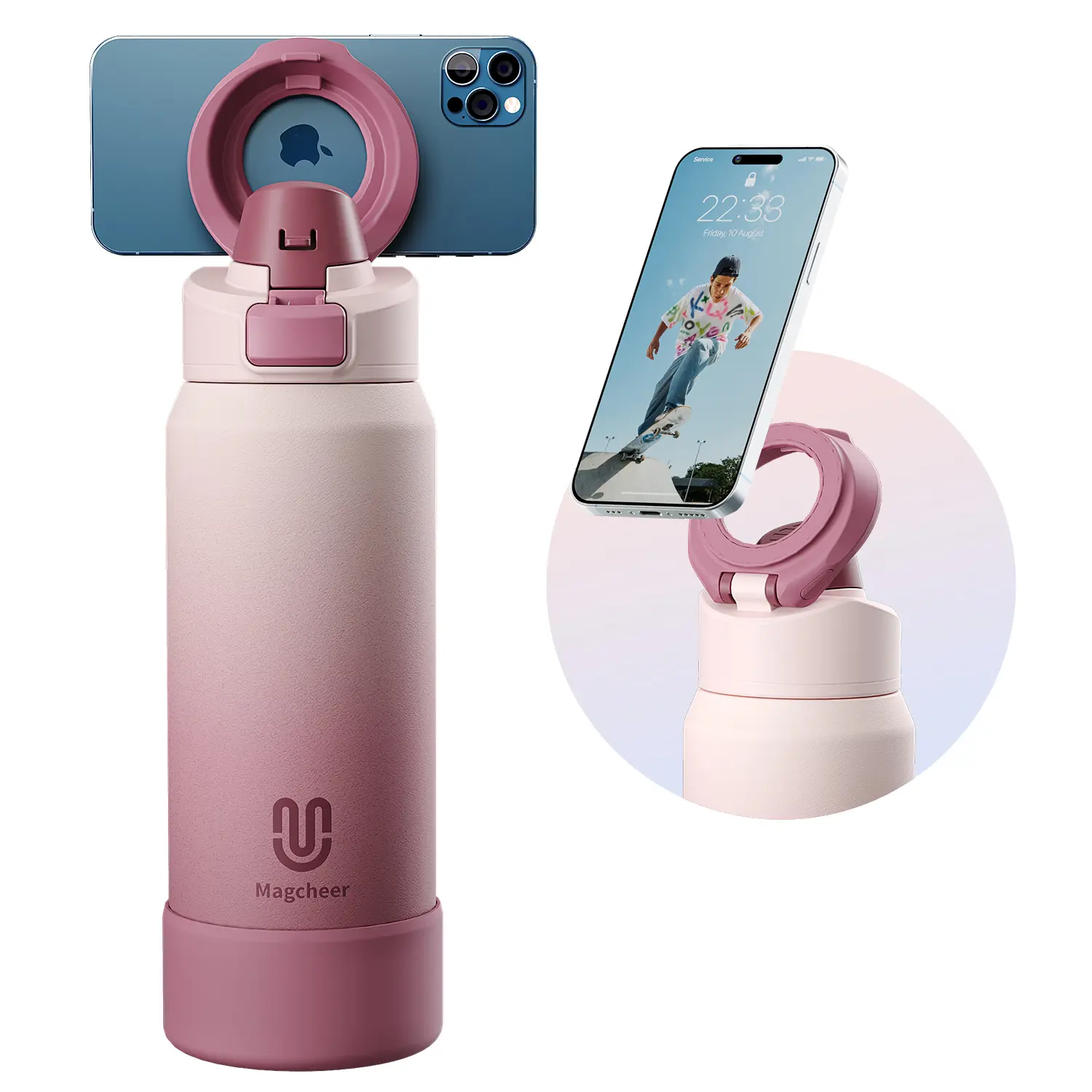 Insulated magnetic water bottle - 32oz large capacity - Compatible with MagSafe phone holder - Keeps water hot or cold for up to 24 hours - Ideal for outdoor activities and travel