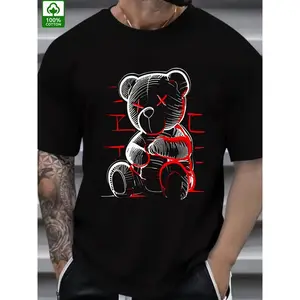 Men's Fashion Summer Cotton T-Shirt with Demon Bear Print - Casual Crew Neck,ivan cornejo merch graphic tees shirts men men gifts Fabric Menswear baggy compression clothes jungkook black shirt sluggy tee Tshirt Loose Crochet Tropical Streetwear Crewneck