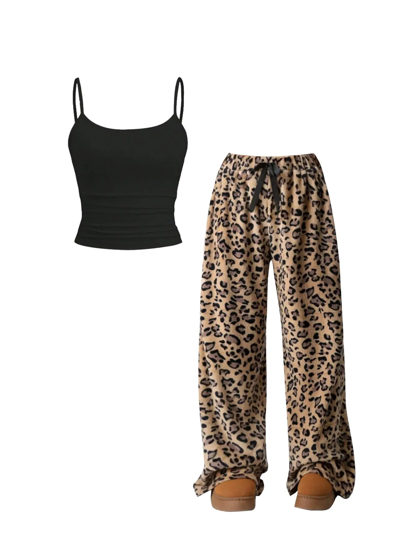 Autumn Winter Leopard Bow Tie Straight Leg Pants Set, Thick Flannel Wide Leg Long Pants & Short Plain Camisole Top, Y2K Style